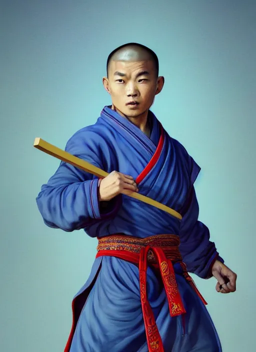 Image similar to male shaolin monk with a pigtail!!!! asian facial features and blue eyes!! intricate ornate blue robes!! character concept art, sharp focus, octane render! unreal engine 5! highly rendered!! trending on artstation!! detailed linework!! illustration by artgerm, wlop, and chie yoshii