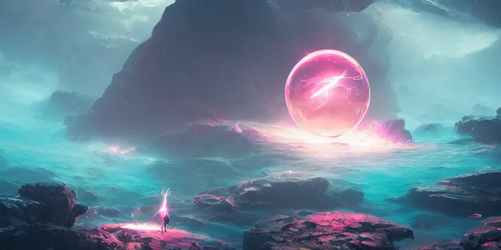 Prompt: centred ball of lightning exploding underwater, bright fantasy magic, pink crystal caverns, gorgeous lighting, movie composition, octane render, art by greg rutkowski