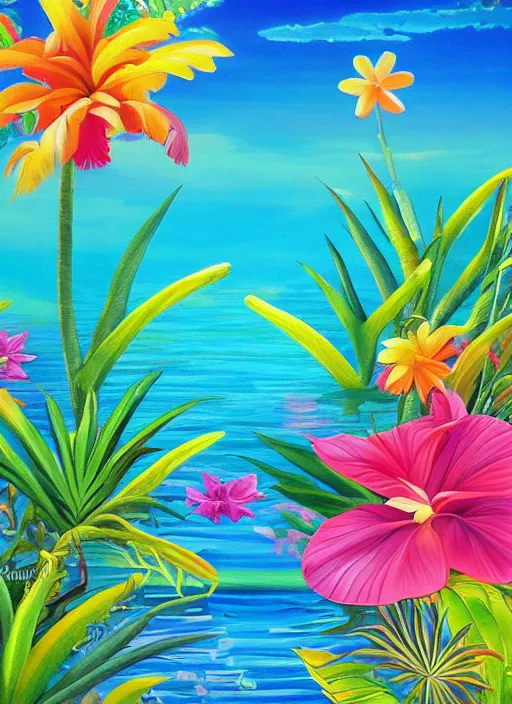 Prompt: a painting of tropical plants and flowers over shallow water sea sun by lisa frank, behance, airbrush art, digital painting