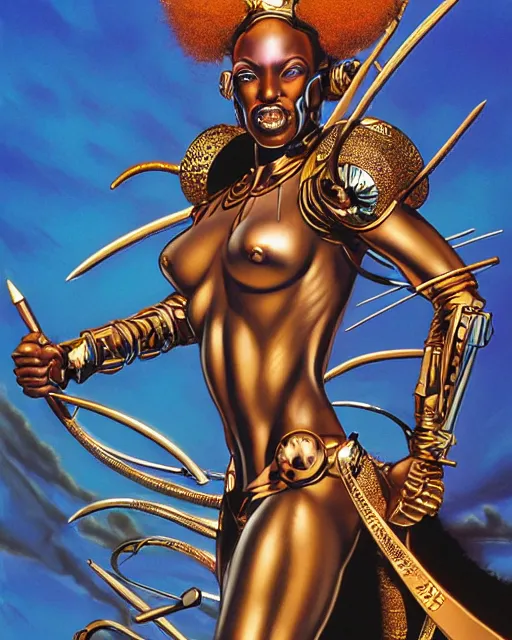 Prompt: female afrofuturism warrior queen, by hajime sorayama