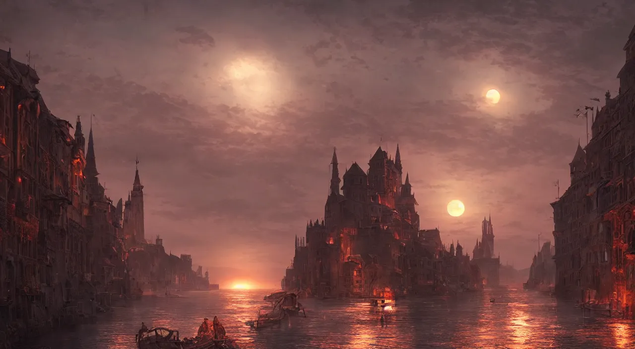 Prompt: A medieval city by the sea., A huge red moon shines over the earth.highly realistic, hyper detailed,cinematic,4k,digital art,unreal engine 5,by Greg Rutkowski and gustav doré