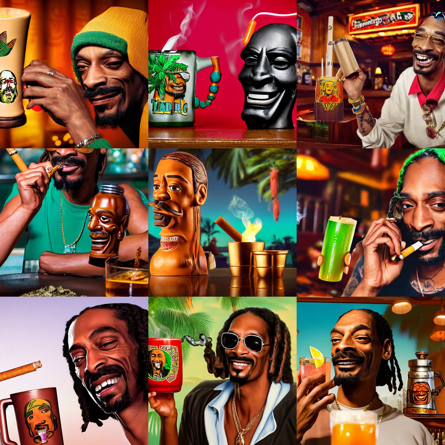 Prompt: a closeup photorealistic photograph of happy blunt smoking snoop dogg at trader vic's bar sitting next to a trader vic's shaped tiki mug featuring snoop dogg's face. tiki culture. bright scene. 4 k hd image that's trending on artstation, featured on behance, well rendered, extra crisp, features epic composition and the style of unreal engine.