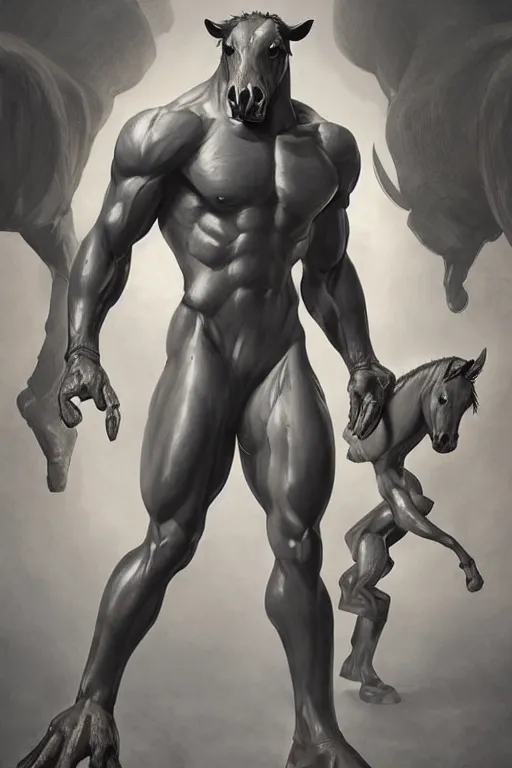 Image similar to splash art of a monstrously buff and muscular anthro horse male test subject at a research facility of experimental combat troopers, experimental tight bodysuit, full body, highly detailed, digital painting, trending on artstation, concept art, sharp smooth focus, illustration, art by artgerm and greg rutkowski and alphonse mucha