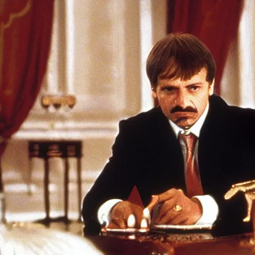 Image similar to Alexander Lukashenko in Scarface, cinematic still