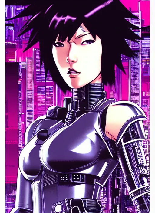 Image similar to motoko kusanagi in grungy cyberpunk megacity, intricate and finely detailed, cyberpunk vaporwave, portrait by j scott campbell, phil jimenez, ilya kuvshinov