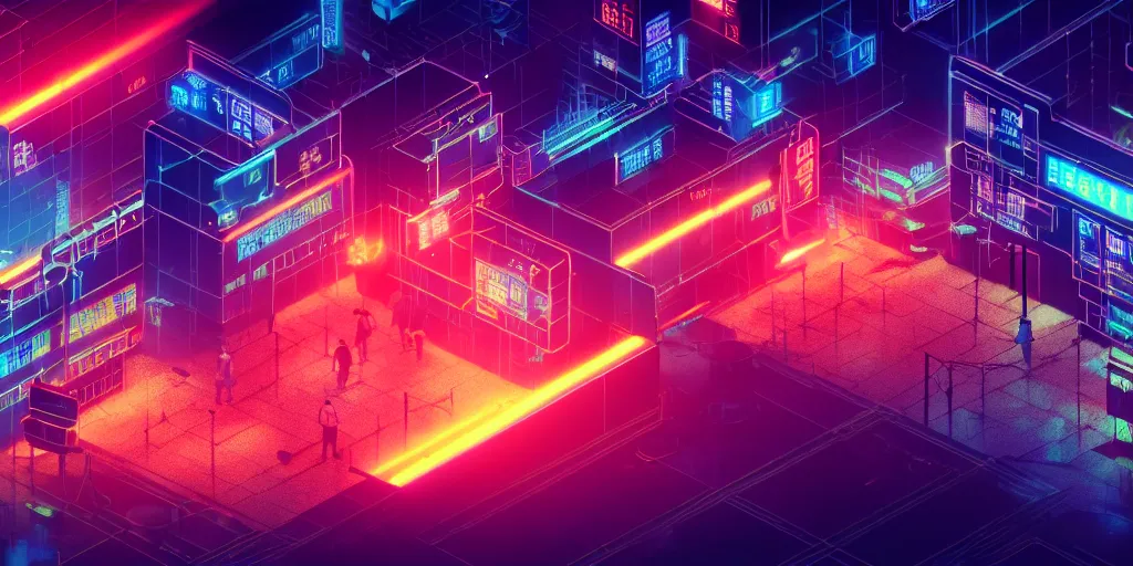 Image similar to isometric room of factory exploding at night in the center of a futuristic sci-fi asian city, signboards, neon lights, blade runner color palette, rendered in octane render by Yasunari Ikenaga, Yamato, Macross