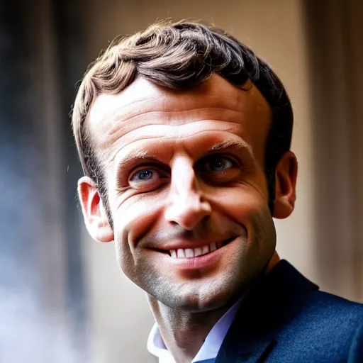 Image similar to closeup portrait of emmanuel macron smiling trying to rob you at gunpoint in a smoky back street, natural light, sharp, detailed face, magazine, press, photo, steve mccurry, david lazar, canon, nikon, focus