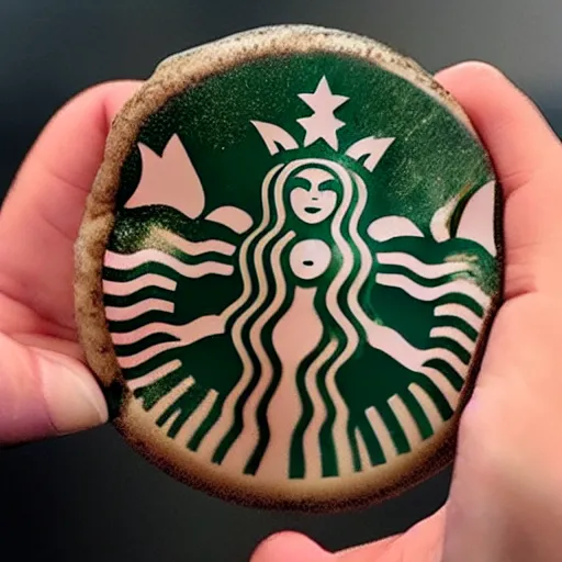 Prompt: scientists hands holding a fossilized mermaid that resembles the starbucks logo