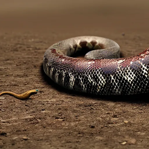 Image similar to hyperrealistic photo of a long snake with a head, long shot