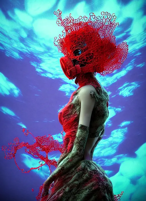 Image similar to hyper detailed 3d render like a sculpture - profile subsurface scattering (a beautiful fae princess black dual filter gas mask protective playful expressive from that looks like a borg queen wearing a vintage pannier ball gown) seen red carpet photoshoot in UVIVF posing in pool of turbulent water to breathe of the Strangling network of yellowcake aerochrome and milky clouds of Fruit and His delicate Hands hold of gossamer polyp blossoms bring iridescent fungal flowers whose spores black the foolish stars by Jacek Yerka, Ilya Kuvshinov, Mariusz Lewandowski, Houdini algorithmic generative render, golen ratio, Abstract brush strokes, Masterpiece, Victor Nizovtsev and James Gilleard, Zdzislaw Beksinski, Tom Whalen, Mark Ryden, Wolfgang Lettl, Grant Wood, octane render, 8k, maxwell render, siggraph