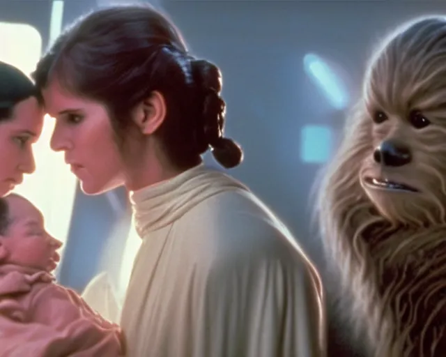 Image similar to screenshot of Han Solo standing next to Princess Leia Organa holding a new born baby in a swaddle, alone, pensive, iconic scene from 1980s Star Wars film directed by Ridley Scott, in a sci fi nursing home architecture, last jedi, 4k HD sharp, cinematic still frame, photoreal, detailed face, moody lighting, stunning cinematography, anamorphic lenses, kodak color film stock