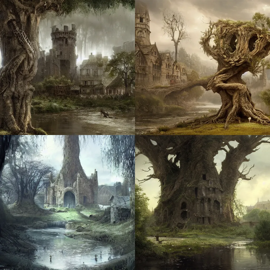 Prompt: airborne view town town town ancient hollow tree tree tree of a downtrodden medieval town by a river in a swamp with a tall ancient hollow tree in its center, 4k, by Greg Rutkowski, fantasy, mix of celtic and Rus architecture, cinematic