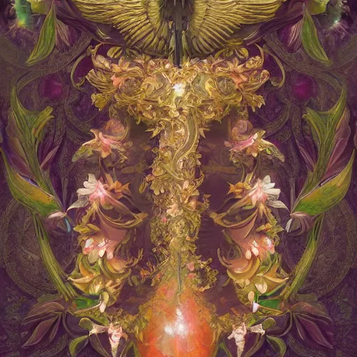 Prompt: beautiful classical holy decorative ornament, sacred wings spread, sunset colors, acanthus scrolls, lilies, ivy, anatomy, energy, geometry, magnolia, bones, petals, stems, ceremonial clouds, dripping colorful paint, fibonacci rhythm, artstation, art germ, wlop, anime, manga, yoji shinkawa, krenz cushart,