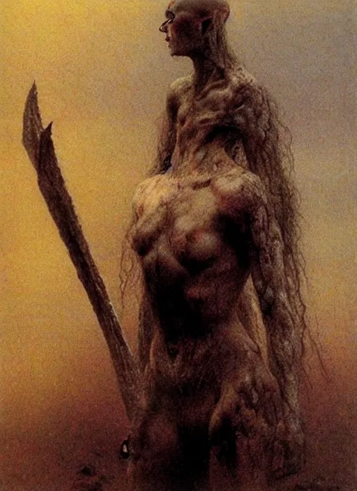 Image similar to bald barbarian girl by Beksinski and Luis Royo