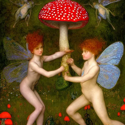 Image similar to masterpiece full body portrait of a two beautiful fairies romping on a giant amanita muscaria mushroom cap, by Edgar Maxence and Ross Tran and Michael Whelan and Gustav Klimpt