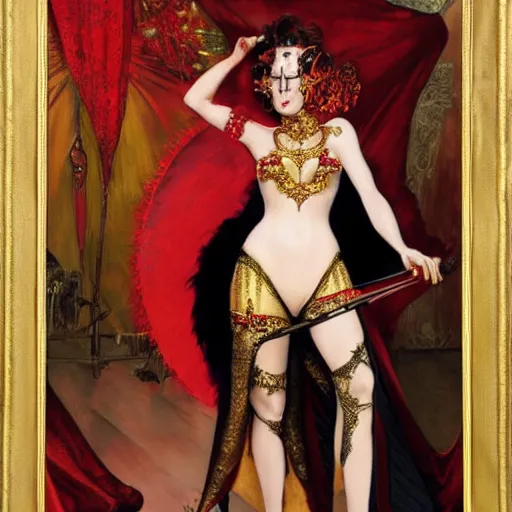 Prompt: an ultra - realistic portrait of a vampire queen in an ostentatiously beautiful blood red dress with gold trim and a long leg slit, 4 k, a masquerade ball in the background with other guests out of focus, sharp focus, detailed face, art by john collier and albert aublet and krenz cushart and artem demura and alphonse mucha