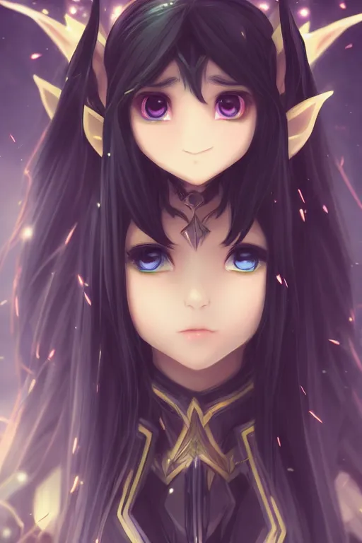 Image similar to adorable young cute anime elf girl, long black hair, detailed fantasy armor, symmetrical face. beautiful spark eyes. beautiful lineart. bokeh pixiv # 1 ranking depth focus, chromatic aberration, noise, soft lighting, srgb, 4 k, cinematic