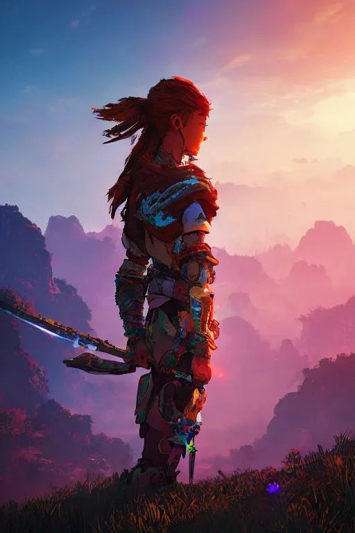 Image similar to combination suit armor aloy horizon forbidden west horizon zero dawn radiating a glowing aura global illumination ray tracing hdr fanart arstation by ian pesty and alena aenami artworks in 4 k tribal robot ninja mask helmet backpack