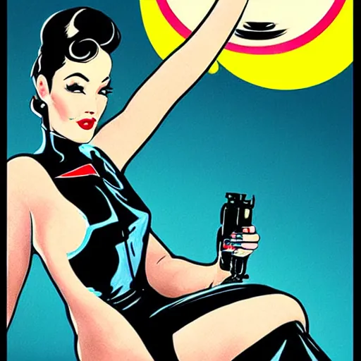 Image similar to a retro sci - fi pinup illustration of dita von teese in the style of alberto vargas.