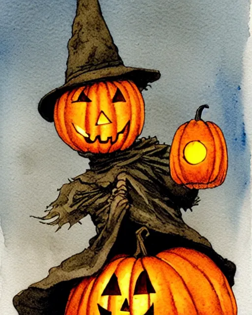 Image similar to a simple and atmospheric watercolour portrait of a scarecrow with a jack - o - lantern head holding a lantern on halloween, very muted colors, by rebecca guay, michael kaluta, charles vess and jean moebius giraud