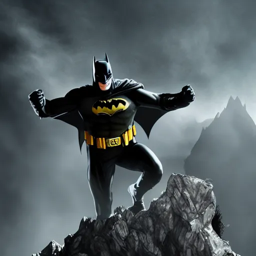 Prompt: batman stands on a mountain dragging defeated alien in one hand. cinematic, atmospheric, trending on artstation, 8 k, hd, anatomically correct, wide angle.