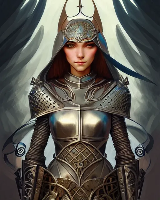 Prompt: Beautiful and playful medieval knight portrait, art nouveau, fantasy, intricate triangular designs, elegant, highly detailed, sharp focus, art by Artgerm and Greg Rutkowski and WLOP