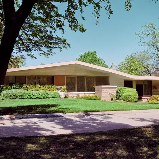 Prompt: midcentury house in wheaton, il. photographed with leica summilux - m 2 4 mm lens, iso 1 0 0, f / 8, portra 4 0 0