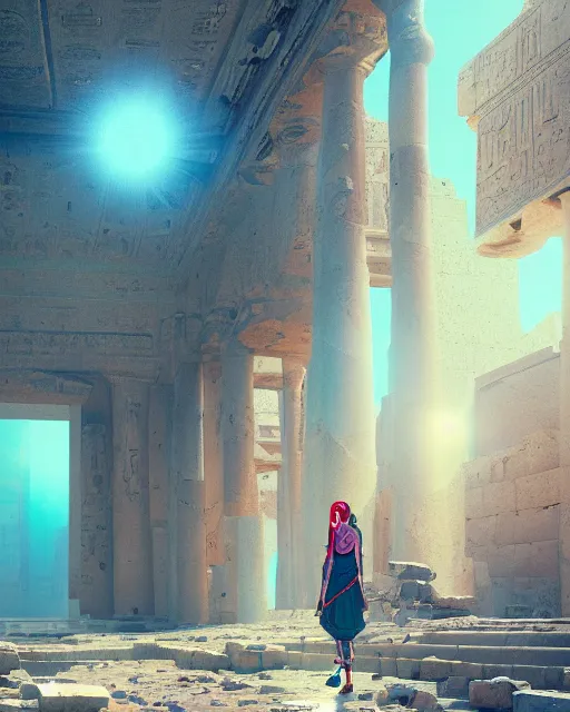 Image similar to android girl in egyptian ruins, ultra realistic, lens flare, atmosphere, glow, detailed, intricate, full of colour, cinematic lighting, trending on artstation, 4 k, hyperrealistic, focused, extreme details, cinematic, masterpiece, by ismail inceoglu