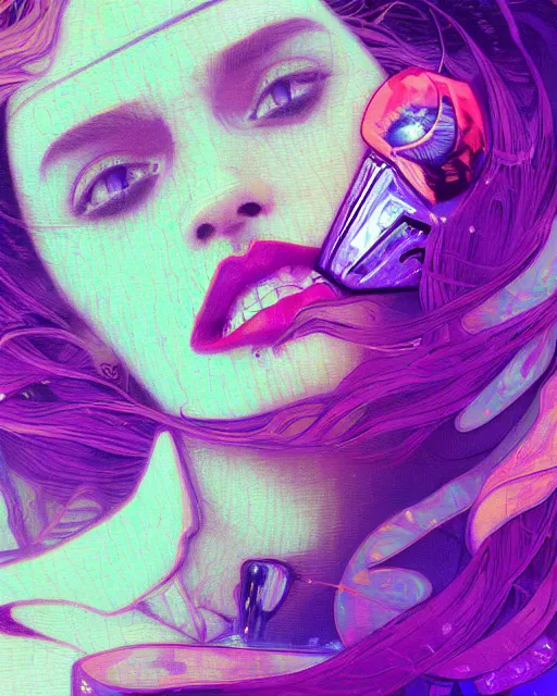 Image similar to glitch art close up portrait vampire, glitches, vaporwave, highly detailed, very intricate, art nouveau pixelated, neon glitch, chromatic aberration, harsh lighting, award - winning, concept art illustration by mandy jurgens and alphonse mucha and alena aenami, glitch color palette, featured on artstation