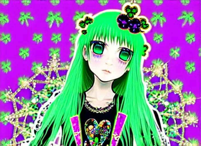 Image similar to baroque bedazzled gothic royalty frames surrounding a hologram of decora styled green haired yotsuba koiwai wearing a gothic spiked jacket, background full of lucky clovers, crosses, and shinning stars, holography, irridescent