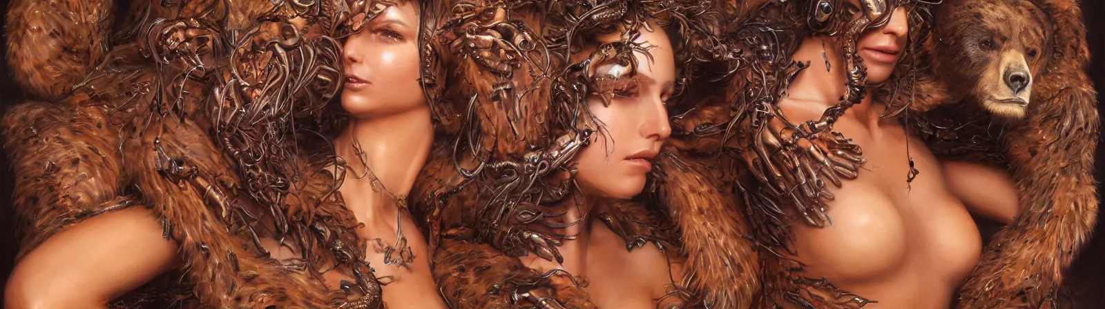 Image similar to beauty woman wrapped in bear fur, snakes for hair, detailed face, surrounded by spiders, very detailed, dramatic lighting, detailed mechanical hands, electrical details, high details, 4k, 8k, trending on artstation, by Hajime Sorayama and Boris Vallejo