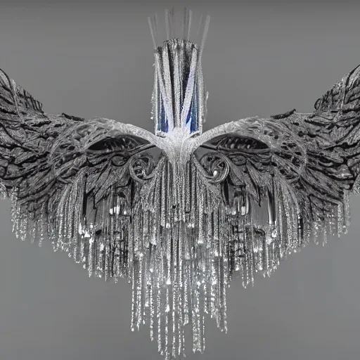 Image similar to Mesmerizing ethereal Y2K crystal chandelier inspired wings full of swirls, couture, hyperdetailed, artstation, cgsociety, 8k