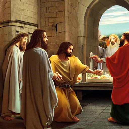 Prompt: Jesus buying a fish sandwich with cash, biblical scene