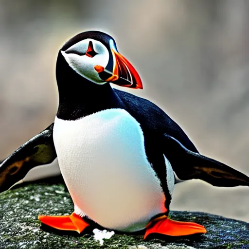 Image similar to puffin cuddling penguin