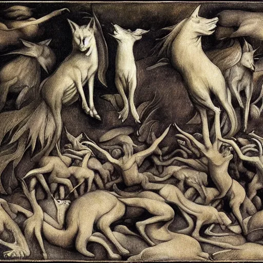 Image similar to forest of dancing wolves, by Odd Nerdrum, by Francisco Goya, by M.C. Escher, fairy-tale illustration style, very detailed, colorful, beautiful, eerie, surreal, psychedelic