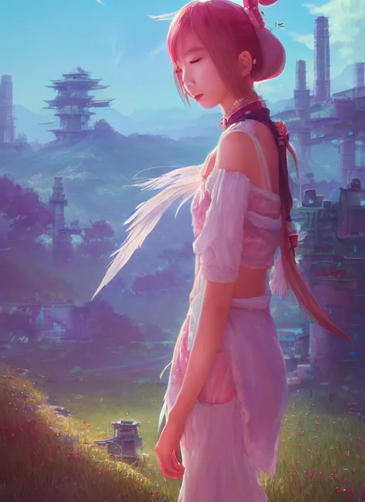 Prompt: beautiful portrait of yuna from final fantasy, momo from twice the style of wlop, artgerm, yasutomo oka, yuumei, rendered in unreal engine, surrounded by epic ruins landscape by simon stalenhag, digital art dynamic dramatic lighting, imagine fx, artstation, cgsociety, by bandai namco artist,