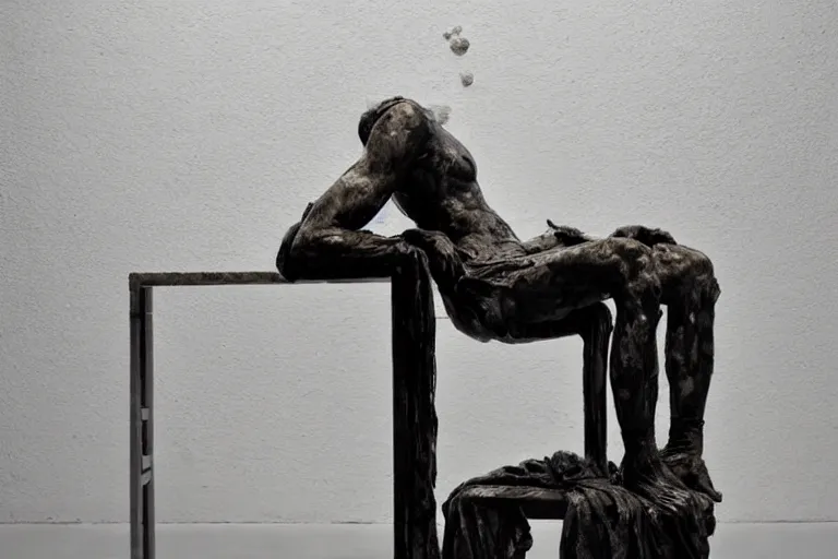 Image similar to a sculpture of a person sitting on a chair, a white marble sculpture covered with floating wax by nicola samori, behance, neo - expressionism, marble sculpture, apocalypse art, made of mist