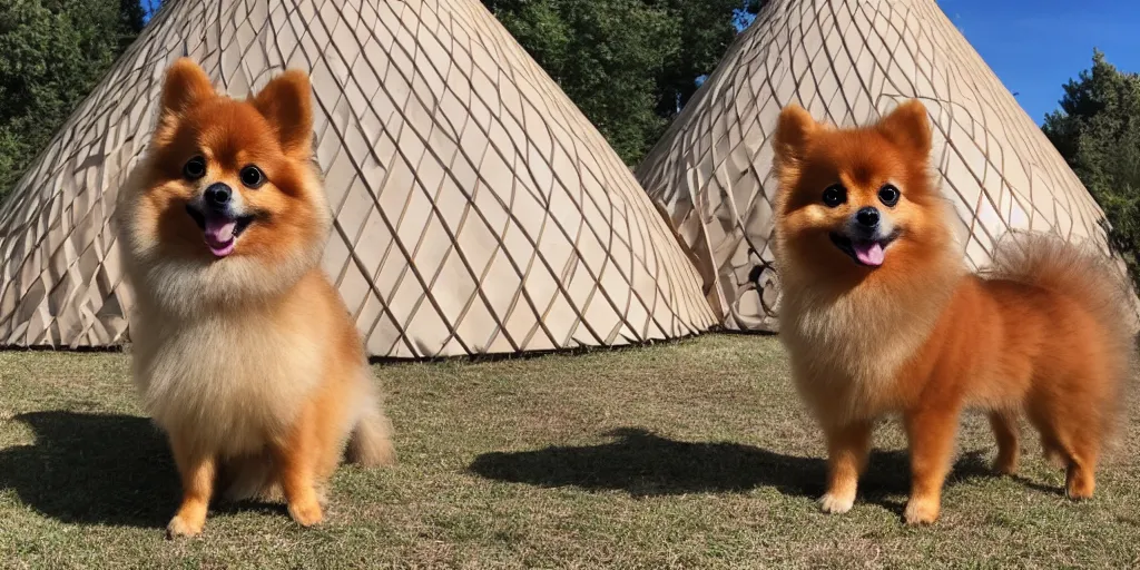 Image similar to tan pomeranian in front of a yurt