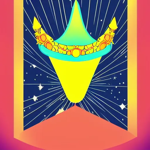 Prompt: a glowing crown sitting on a table with one beautiful eye mounted on it like a jewel, stars on top of the crown, night time, vast cosmos, geometric light rays, bold black lines, flat colors, minimal psychedelic 1 9 4 0 s poster illustration