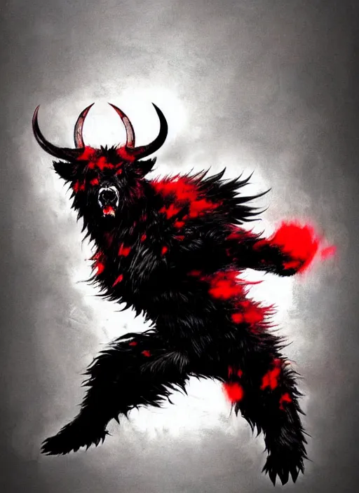 Image similar to A horned bear spirit with black and red fur. In style of Yoji Shinkawa and Hyung-tae Kim, trending on ArtStation, dark fantasy, great composition, concept art, highly detailed.