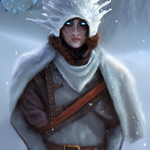 Image similar to a fantasy snow bandit from ‘ icewind dale ’ with mask, frost gem, ‘ icewind dale 2 ’ profile portrait by ‘ justin sweet ’, falling snow, soft focus, illustration, oil paint, artstation