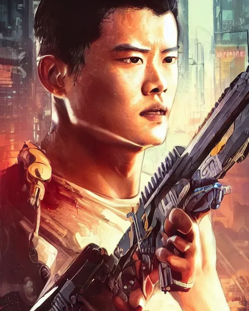 Prompt: Young John Cho as a damaged cyborg assassin holding a weapon in Cyberpunk 2077 digital illustration portrait design by, Mark Brooks and Brad Kunkle detailed, gorgeous lighting, wide angle action dynamic portrait, blade runner, ghost in the shell,