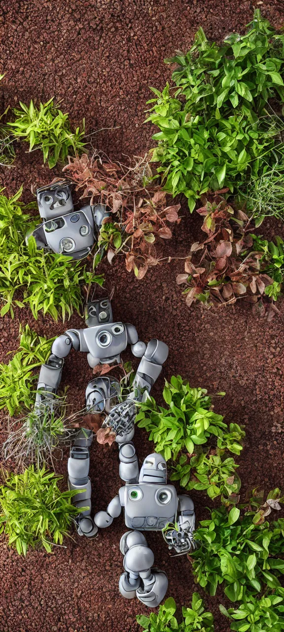 Image similar to award winning photo of modern robot body rusty and filled with plants, stunning, 4 k, detailed, top - down, realistic