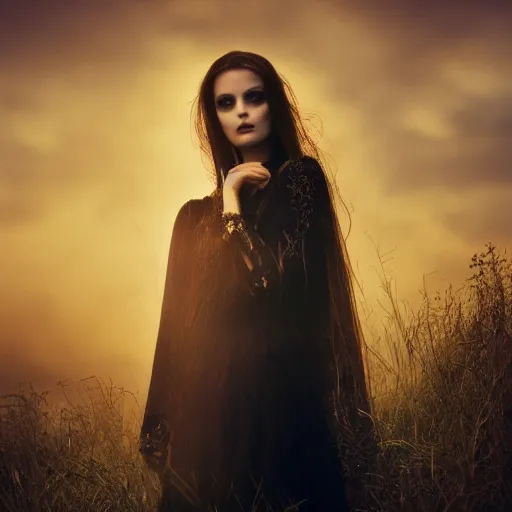 Image similar to photographic portrait of a stunningly beautiful gothic female in soft dreamy light at sunset, contemporary fashion shoot, by edward robert hughes, annie leibovitz and steve mccurry, david lazar, jimmy nelsson, breathtaking, 8 k resolution, extremely detailed, beautiful, establishing shot, artistic, hyperrealistic, beautiful face, octane render