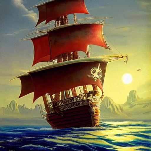 Image similar to A pirate on the high seas that has magical pearlescent shimmering see through sails, painting by David A Hardy