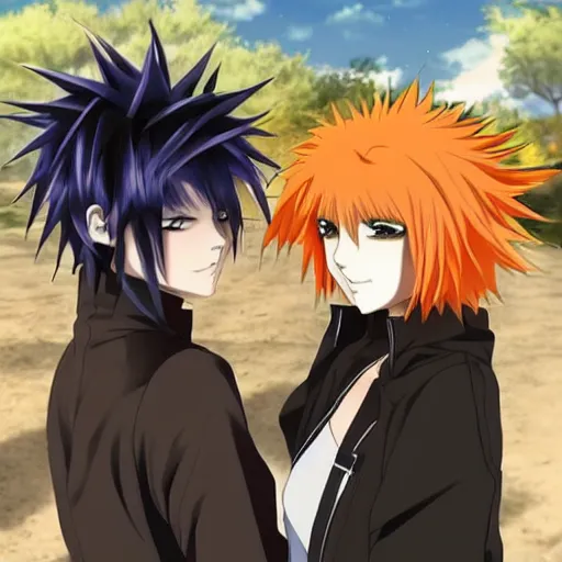 Image similar to orange - haired anime boy, 1 7 - year - old anime boy with wild spiky hair, standing next to 1 7 - year - old pale - skinned persian girl with black hair long bob cut, long bangs, black gothic jacket, ultra - realistic, sharp details, subsurface scattering, blue sunshine, intricate details, hd anime, 2 0 1 9 anime