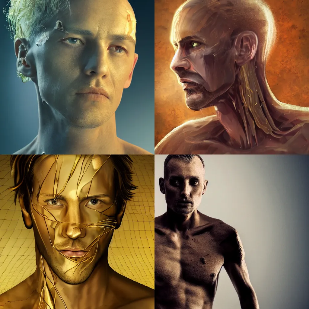 Prompt: a man with golden cracks and scars throughout, sci-fi, full-body shot, digital art, sharp-jaw, long brown hair