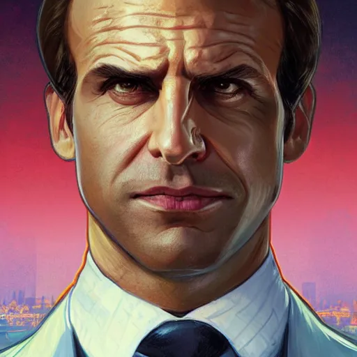 Image similar to [Flamboyant Macron as GTA character, propaganda, closeup, D&D, intricate, elegant, highly detailed, digital painting, artstation, concept art, matte, sharp focus, illustration, art by Artgerm and Greg Rutkowski and Alphonse Mucha]