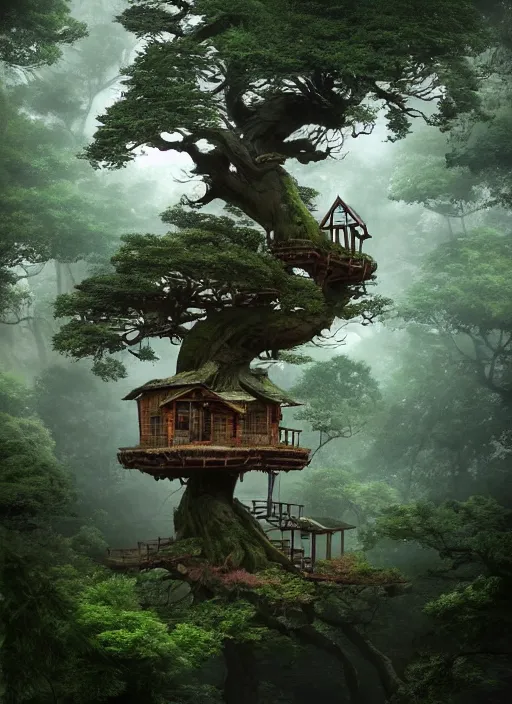 Image similar to beautiful tree house in a gnarly bonsai in a ancient forrest, dynamic lighting, cinematic, establishing shot, extremly high detail, foto realistic, cinematic lighting, post processed, concept art, artstation, matte painting, style by ghibli, myazaki