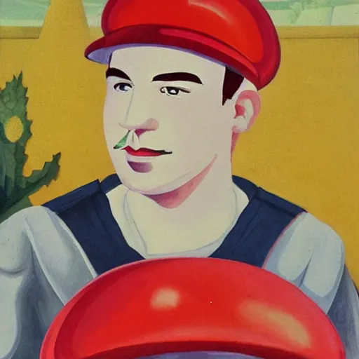 Image similar to art deco painting of mario standing on top of red and white mushroom